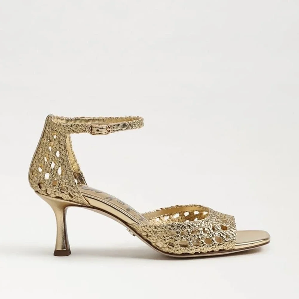 New Sam Edelman Gold Woven Kitten Heels Metallic Strappy Square Toe Sandals 8.5